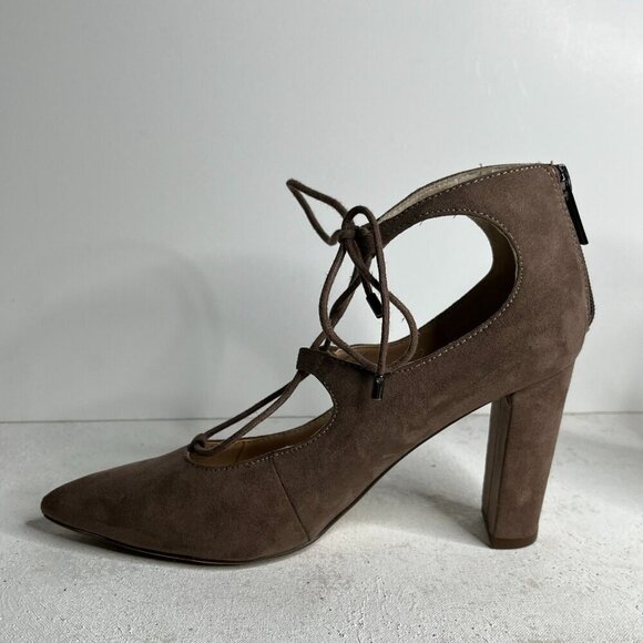 Unisa Tan Suede Laced Front Pointed Toe Block Heels Pumps Size 7 - Picture 8 of 11
